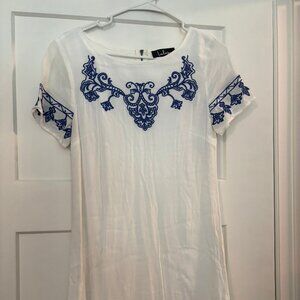 Lulus White Shift Mini Dress with Blue Floral Embroidery - gently used, size S